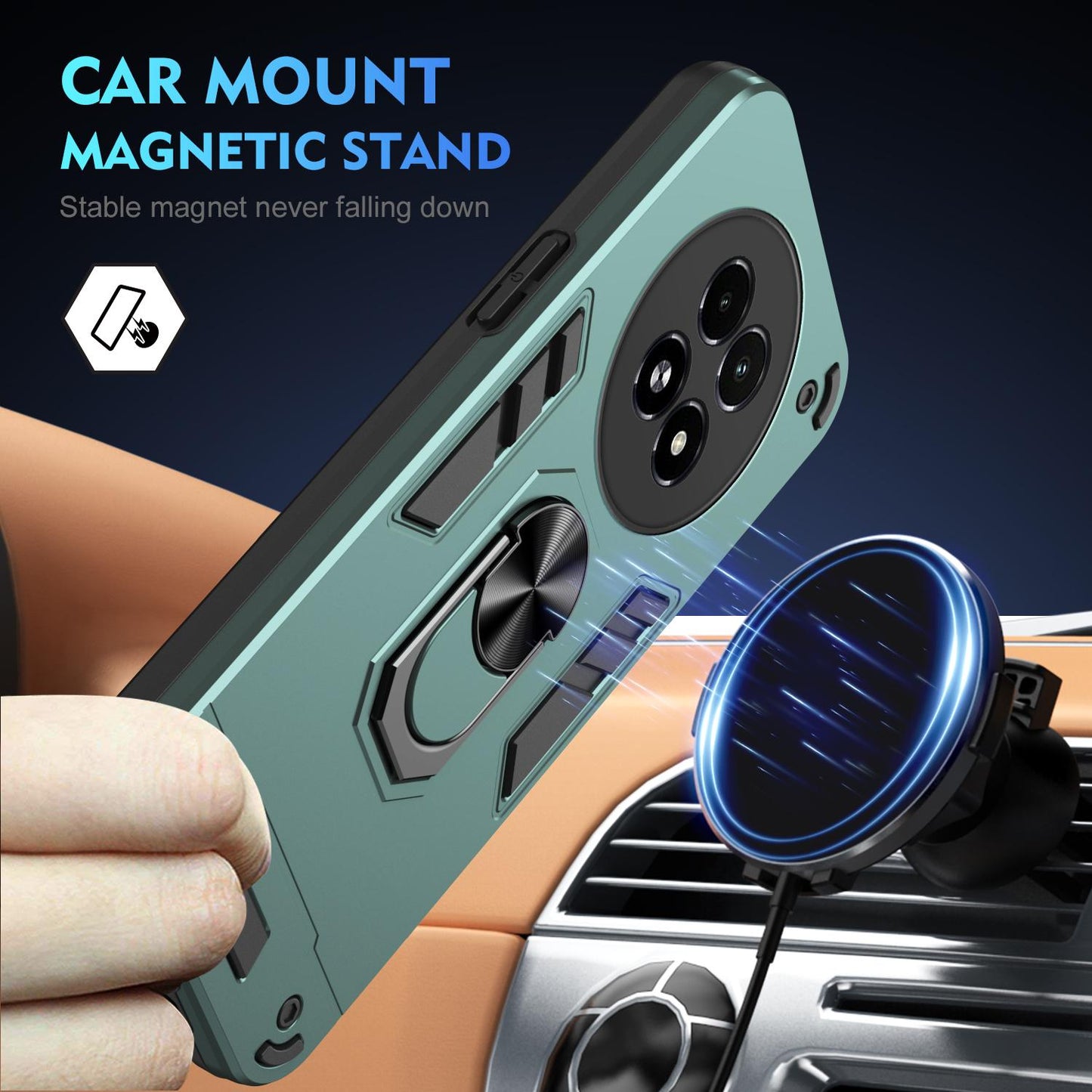 Shockproof Realme 13 5G Phone Case with 360° Rotatable Metal Ring Holder, Magnetic Car Mount Stand, Ultra-Thin PC & Silicone Protection Cover
