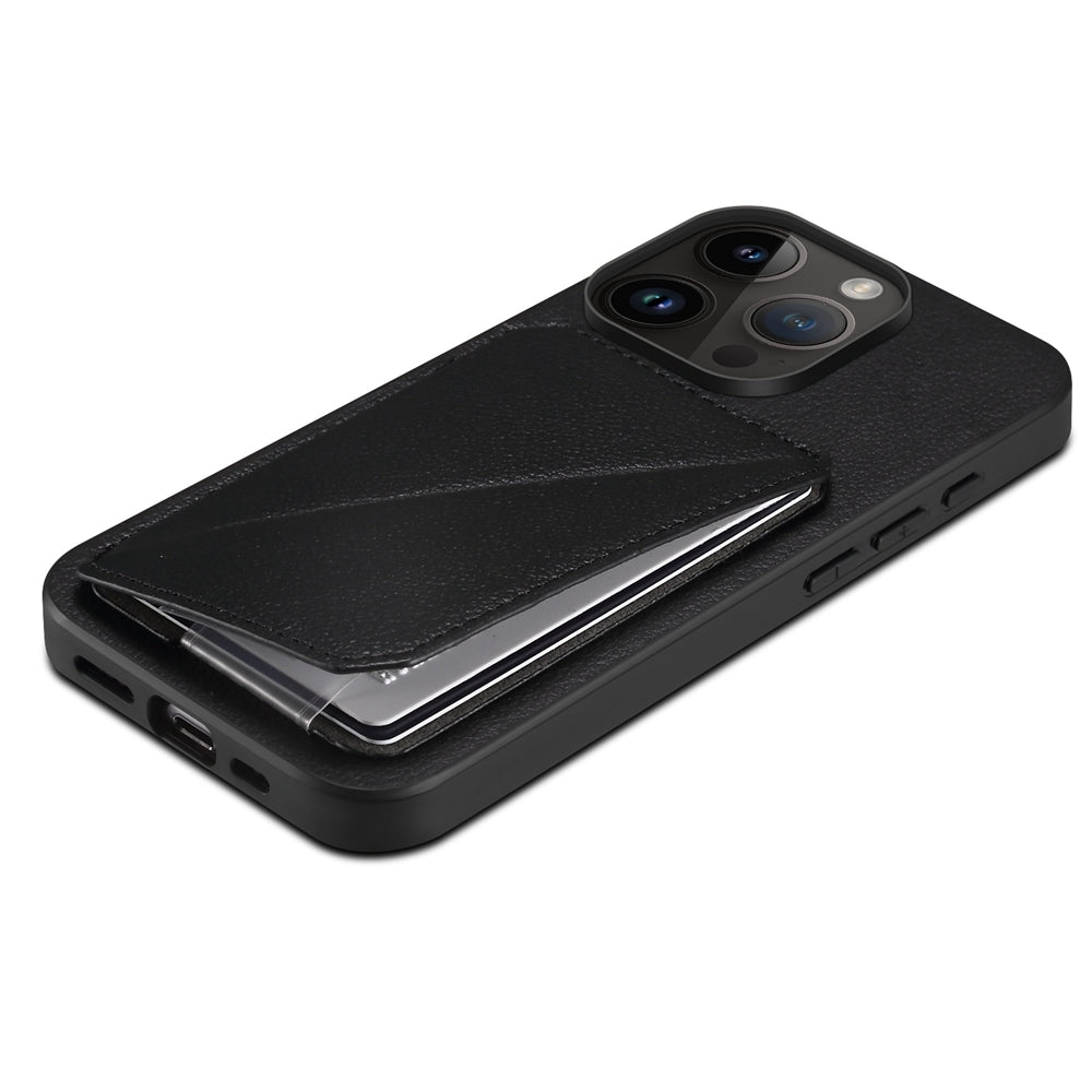 iPhone 15 Pro Calf Texture Leather Case with Dual Card Slots and Stand Function