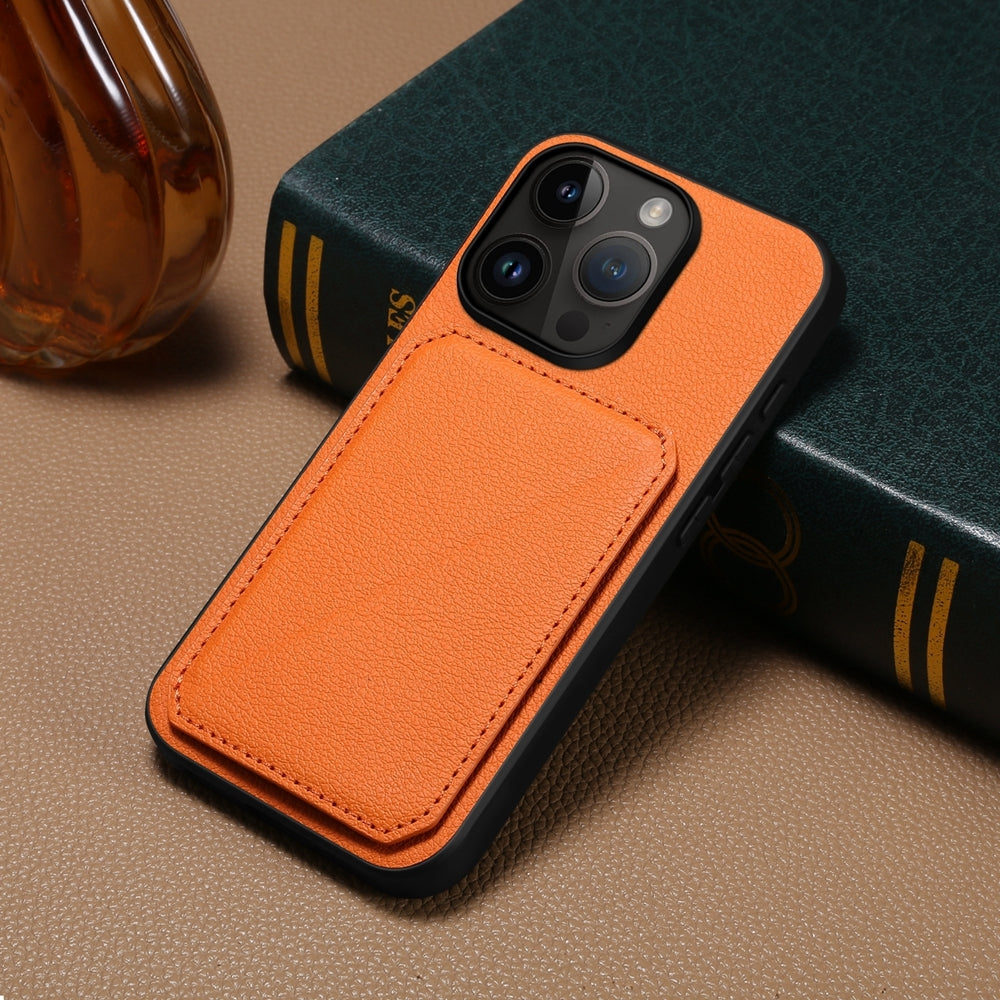 iPhone 15 Pro Calf Texture Leather Case with Dual Card Slots and Stand Function