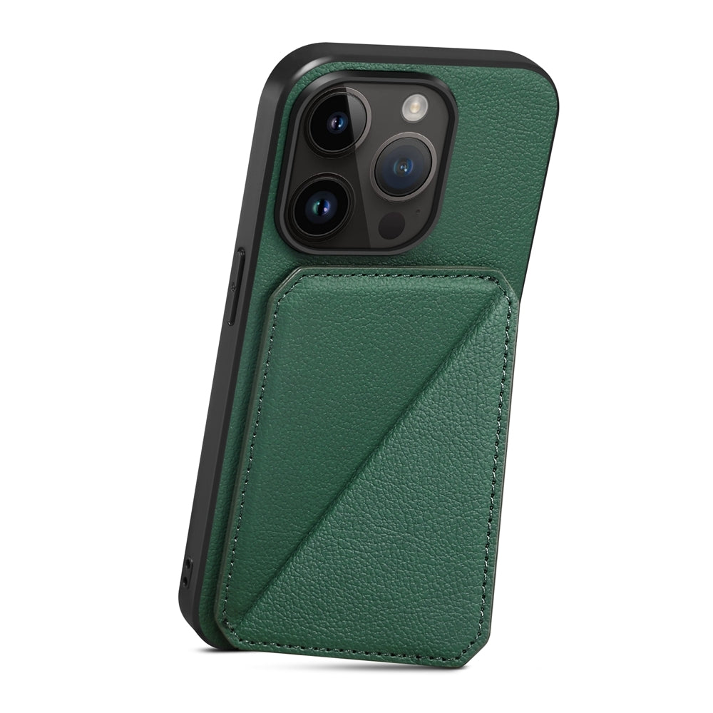 iPhone 15 Pro Calf Texture Leather Case with Dual Card Slots and Stand Function