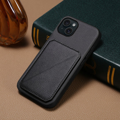 iPhone 15 Plus Calf Texture Leather Case with Dual Card Slots and Stand Function