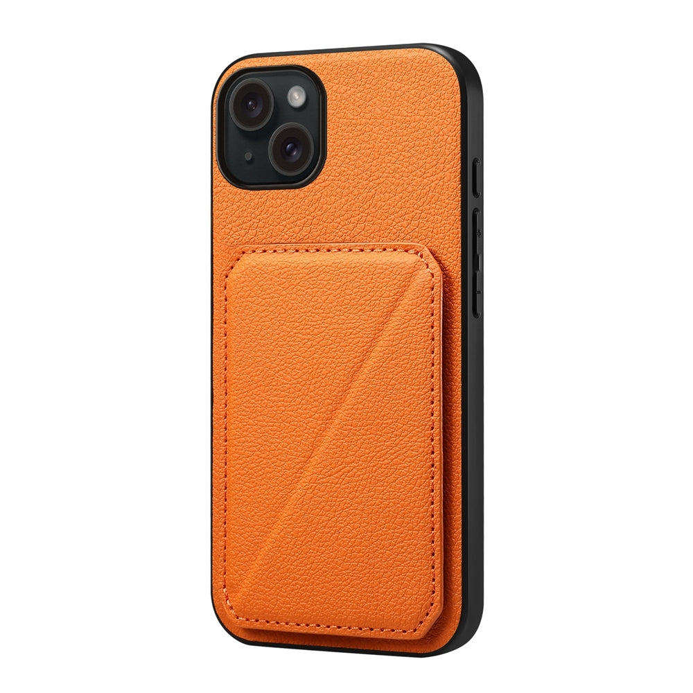 iPhone 15 Plus Calf Texture Leather Case with Dual Card Slots and Stand Function