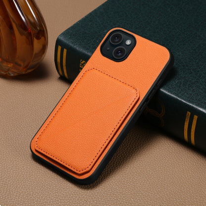 iPhone 15 Plus Calf Texture Leather Case with Dual Card Slots and Stand Function