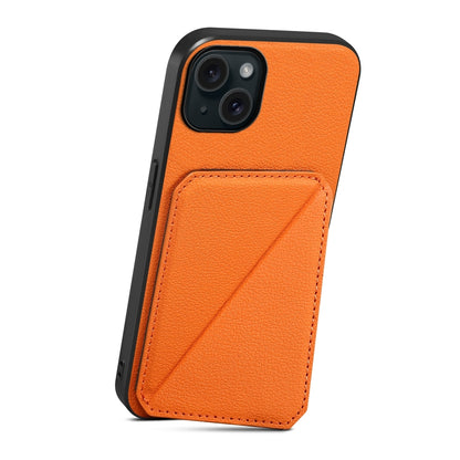 iPhone 15 Plus Calf Texture Leather Case with Dual Card Slots and Stand Function