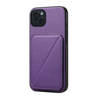 iPhone 15 Plus Calf Texture Leather Case with Dual Card Slots and Stand Function