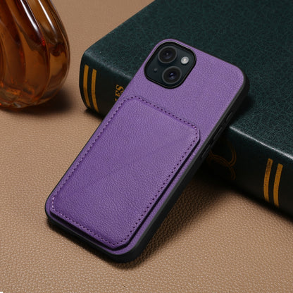 iPhone 15 Plus Calf Texture Leather Case with Dual Card Slots and Stand Function