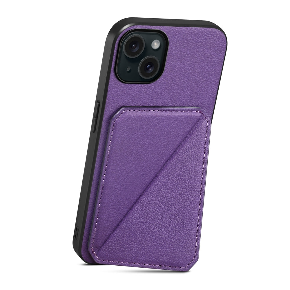 iPhone 15 Plus Calf Texture Leather Case with Dual Card Slots and Stand Function