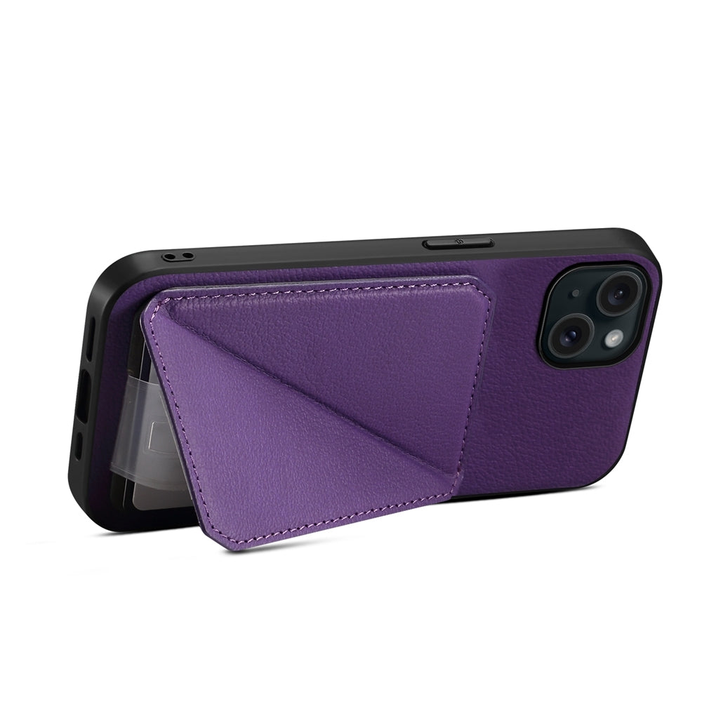 iPhone 15 Plus Calf Texture Leather Case with Dual Card Slots and Stand Function