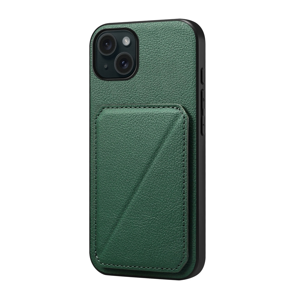 iPhone 15 Plus Calf Texture Leather Case with Dual Card Slots and Stand Function