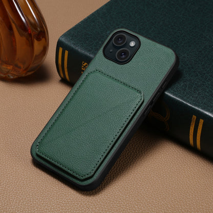 iPhone 15 Plus Calf Texture Leather Case with Dual Card Slots and Stand Function