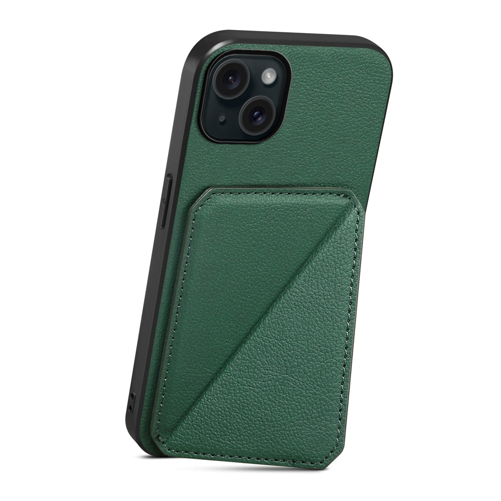 iPhone 15 Plus Calf Texture Leather Case with Dual Card Slots and Stand Function