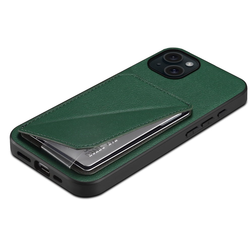 iPhone 15 Plus Calf Texture Leather Case with Dual Card Slots and Stand Function