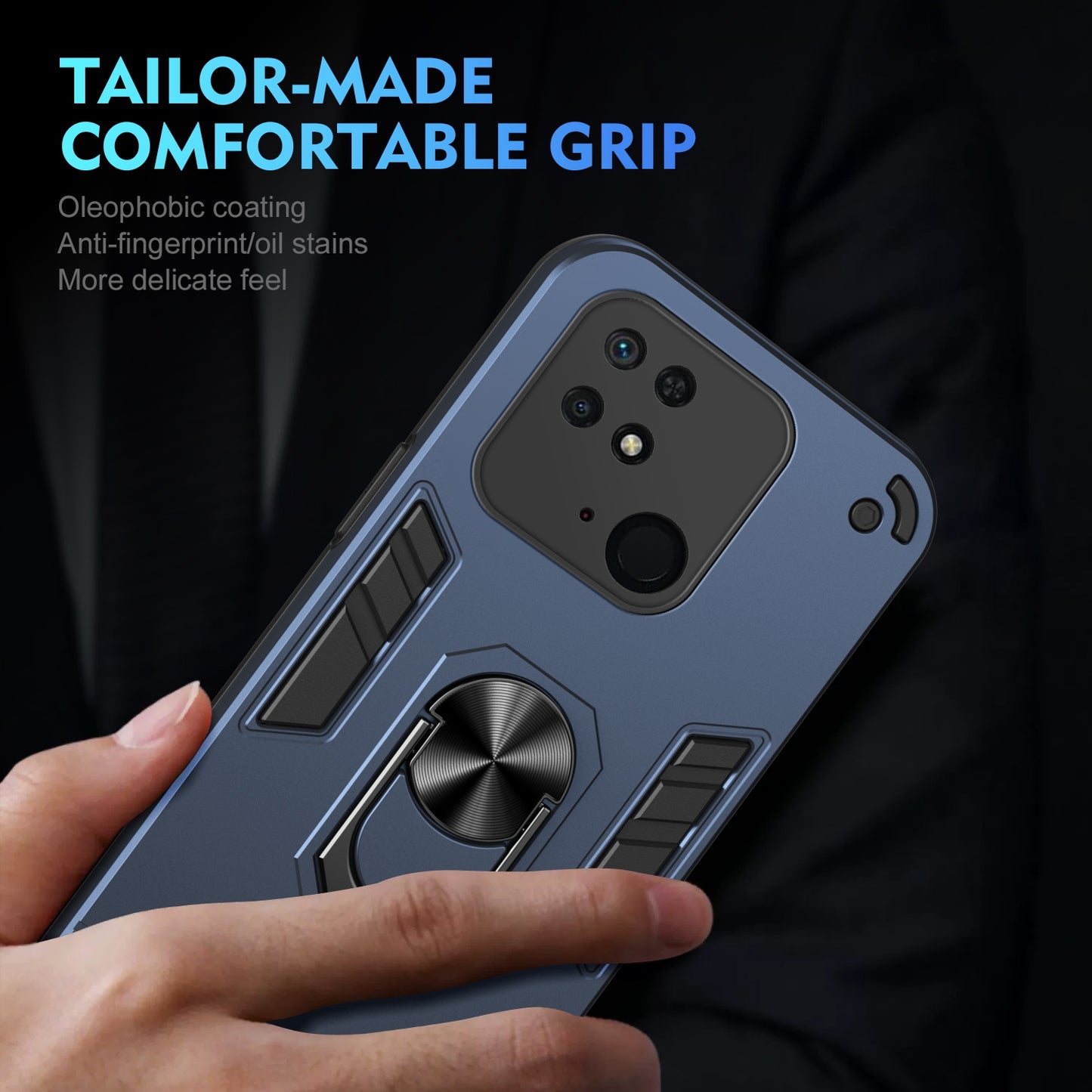 Shockproof Xiaomi Redmi 10C Phone Case with 360° Rotatable Metal Ring Holder, Magnetic Car Mount Stand, Ultra-Thin PC & Silicone Protection Cover