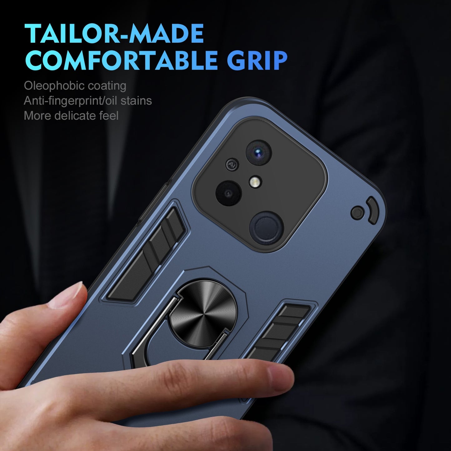 Shockproof Xiaomi Redmi 12C Phone Case with 360° Rotatable Metal Ring Holder, Magnetic Car Mount Stand, Ultra-Thin PC & Silicone Protection Cover