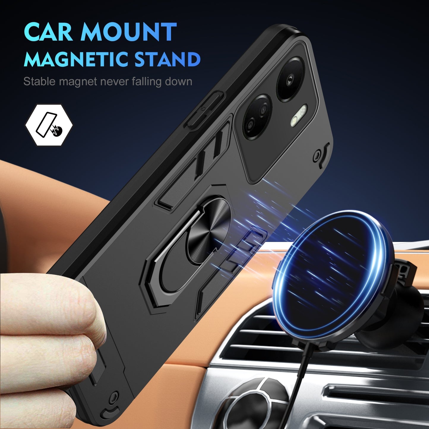 Shockproof Xiaomi Redmi 13C Phone Case with 360° Rotatable Metal Ring Holder, Magnetic Car Mount Stand, Ultra-Thin PC & Silicone Protection Cover
