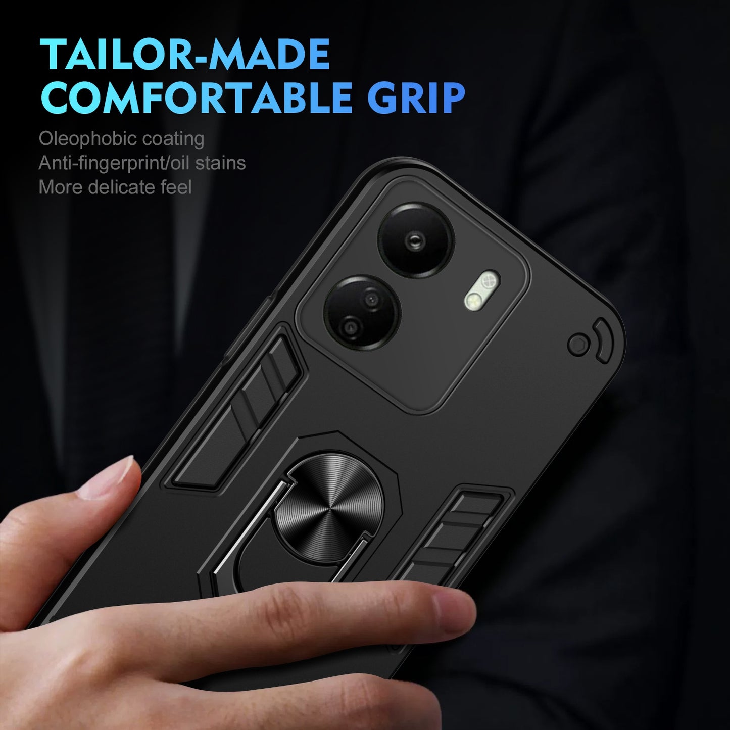 Shockproof Xiaomi Redmi 13C Phone Case with 360° Rotatable Metal Ring Holder, Magnetic Car Mount Stand, Ultra-Thin PC & Silicone Protection Cover