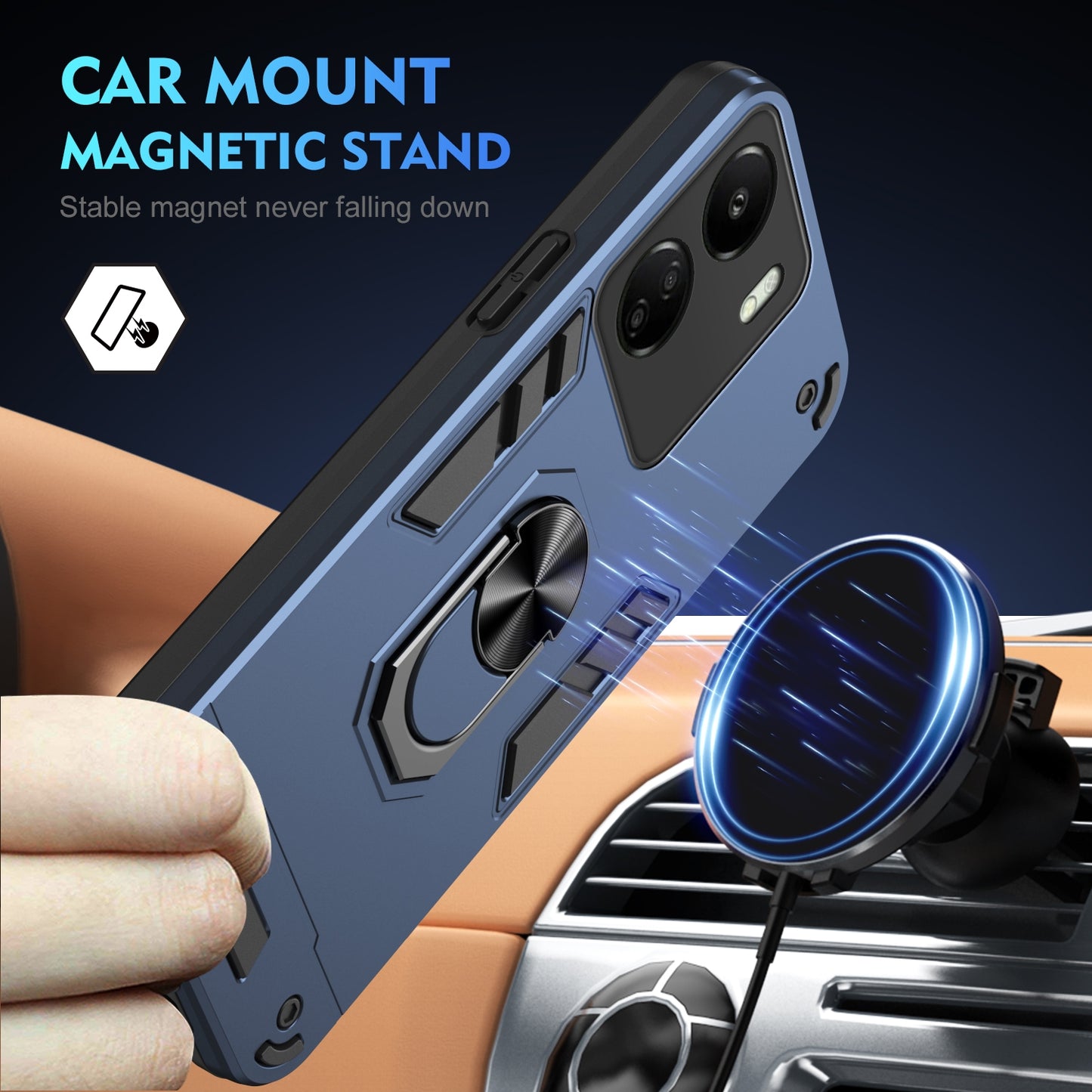Shockproof Xiaomi Redmi 13C Phone Case with 360° Rotatable Metal Ring Holder, Magnetic Car Mount Stand, Ultra-Thin PC & Silicone Protection Cover