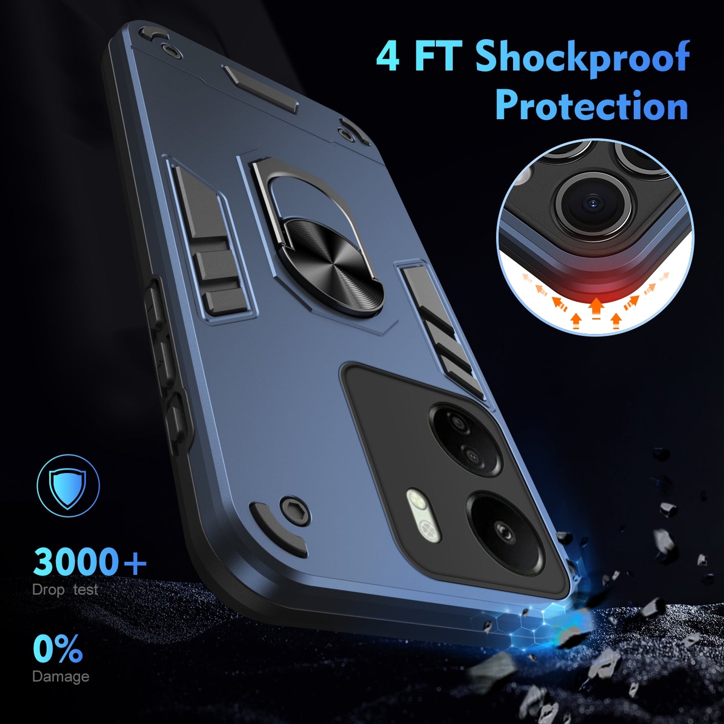 Shockproof Xiaomi Redmi 13C Phone Case with 360° Rotatable Metal Ring Holder, Magnetic Car Mount Stand, Ultra-Thin PC & Silicone Protection Cover