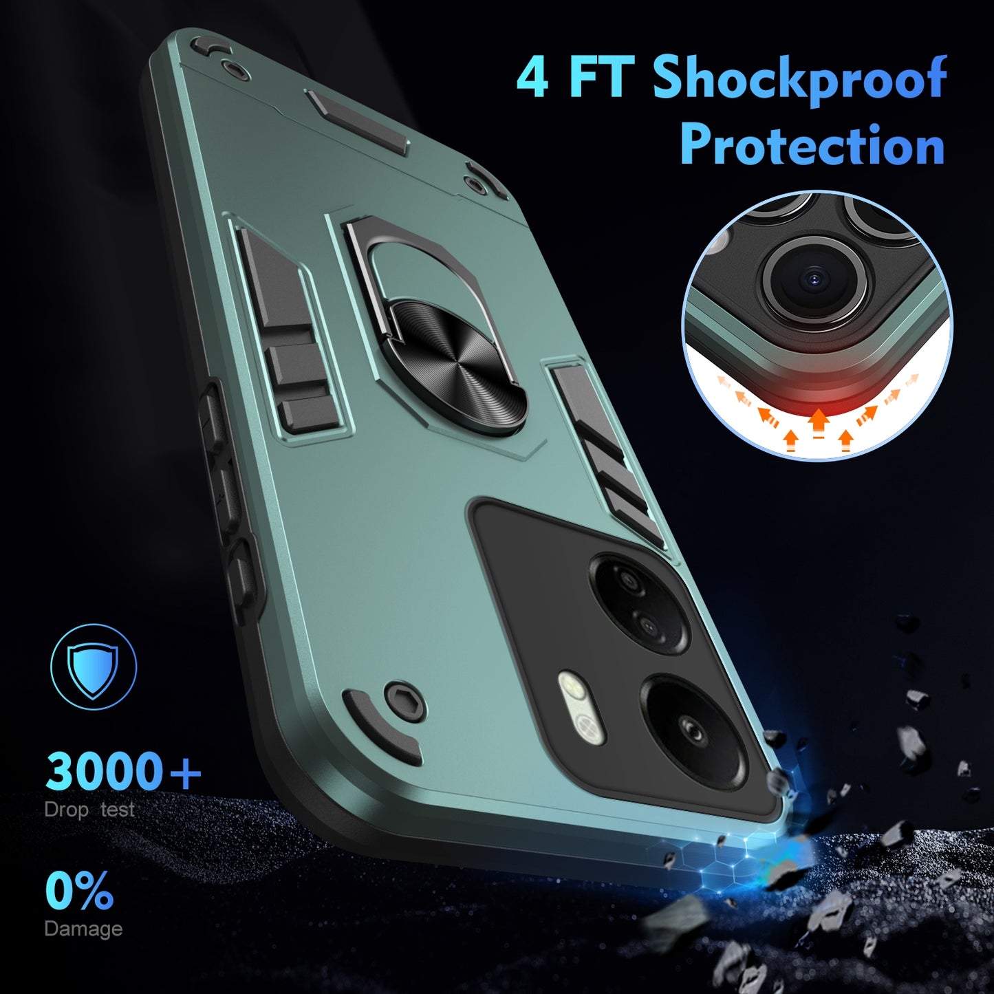 Shockproof Xiaomi Redmi 13C Phone Case with 360° Rotatable Metal Ring Holder, Magnetic Car Mount Stand, Ultra-Thin PC & Silicone Protection Cover