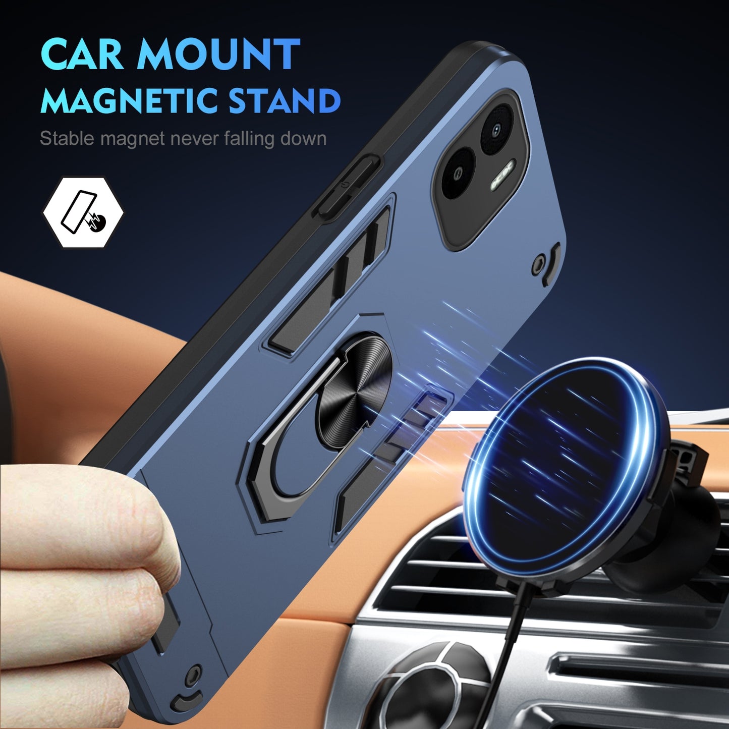 Shockproof Xiaomi Redmi A1 Phone Case with 360° Rotatable Metal Ring Holder, Magnetic Car Mount Stand, Ultra-Thin PC & Silicone Protection Cover