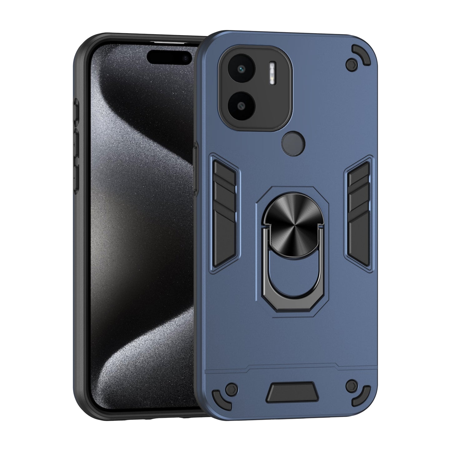 Shockproof Xiaomi Redmi A1+ Phone Case with 360° Rotatable Metal Ring Holder, Magnetic Car Mount Stand, Ultra-Thin PC & Silicone Protection Cover