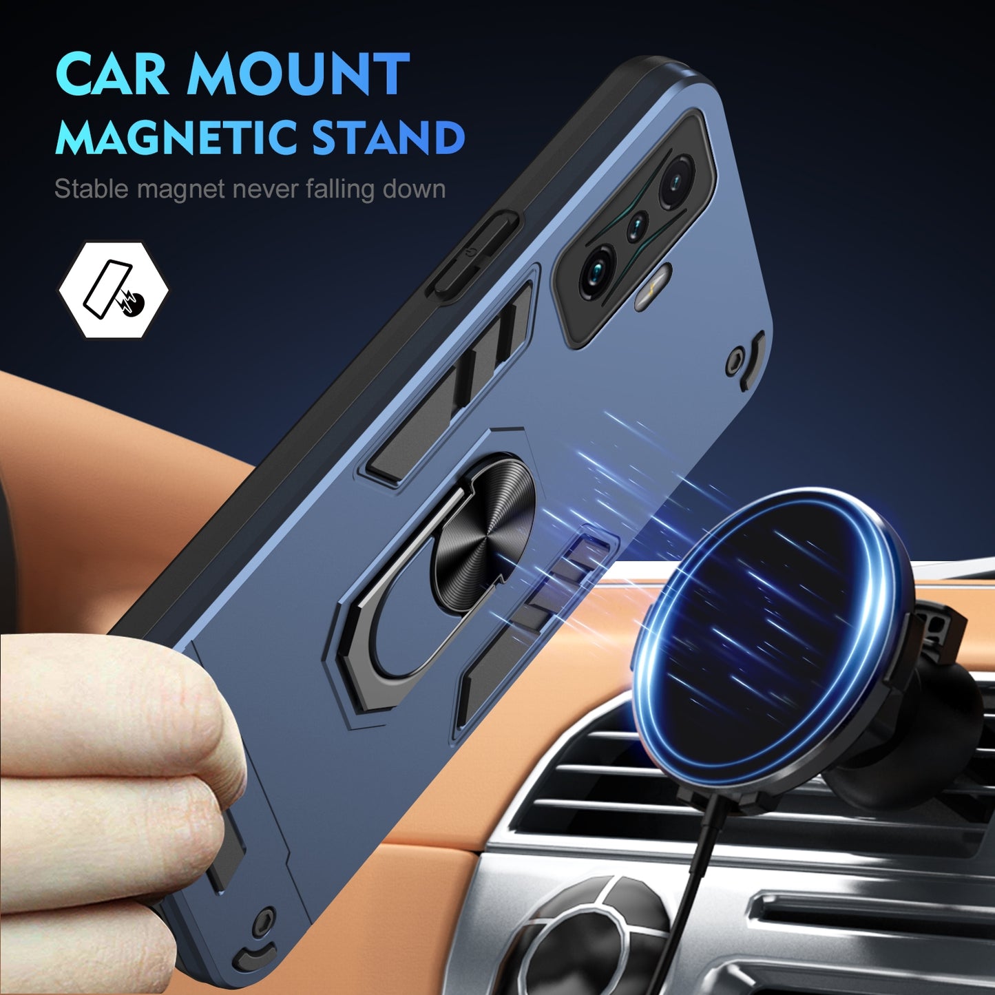 Shockproof Xiaomi Redmi K50 Gaming Phone Case with 360° Rotatable Metal Ring Holder, Magnetic Car Mount Stand, Ultra-Thin PC & Silicone Protection Cover