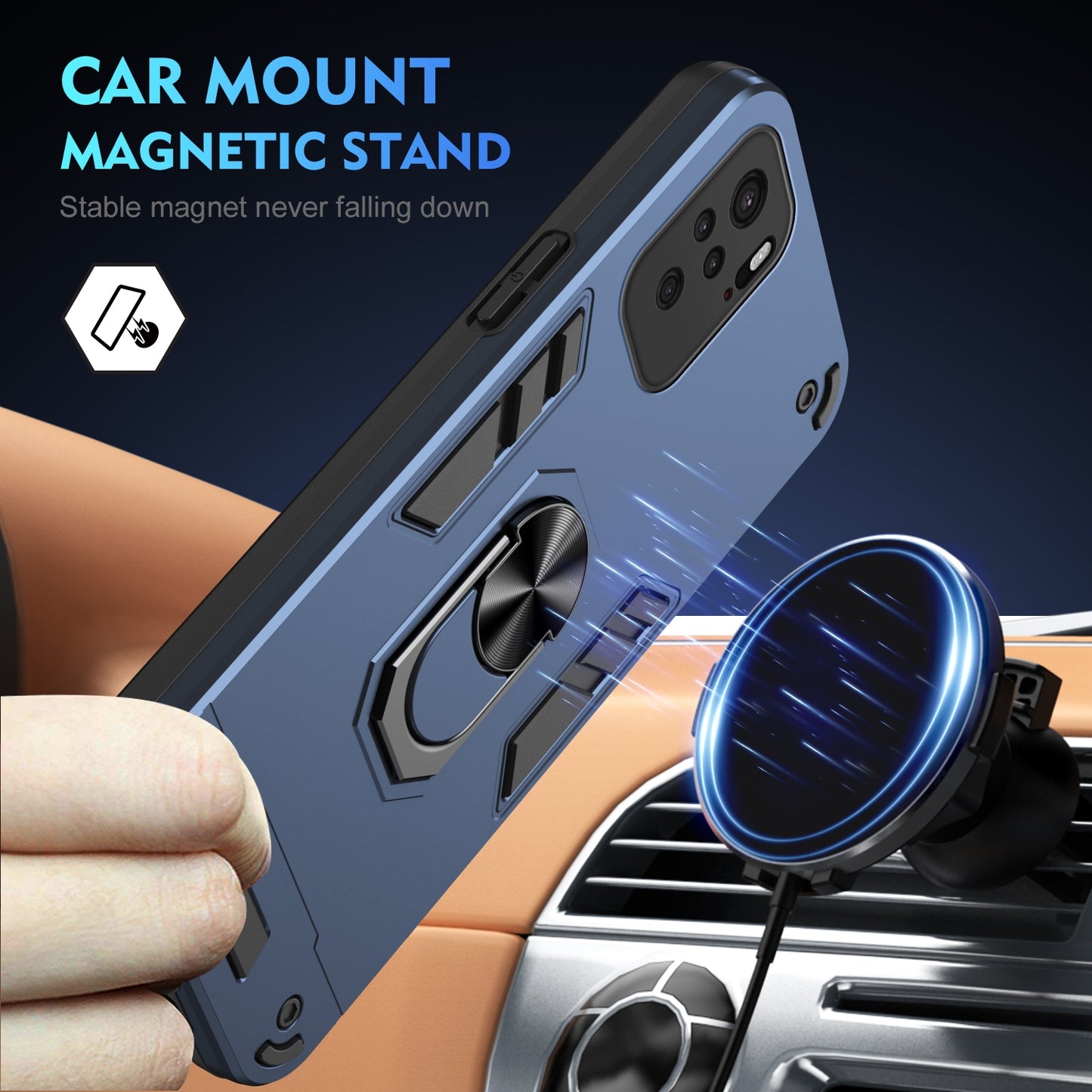 Shockproof Xiaomi Redmi Note 10 4G Phone Case with 360° Rotatable Metal Ring Holder, Magnetic Car Mount Stand, Ultra-Thin PC & Silicone Protection Cover