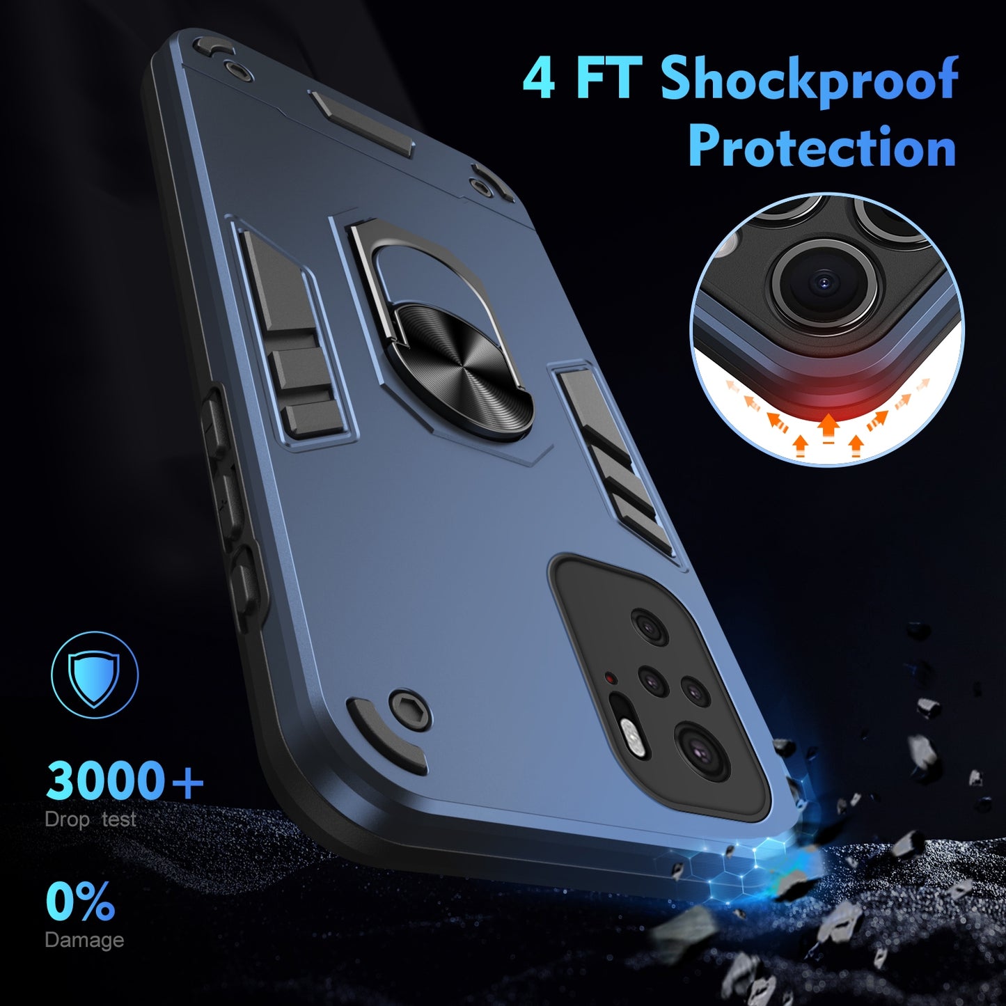 Shockproof Xiaomi Redmi Note 10 4G Phone Case with 360° Rotatable Metal Ring Holder, Magnetic Car Mount Stand, Ultra-Thin PC & Silicone Protection Cover