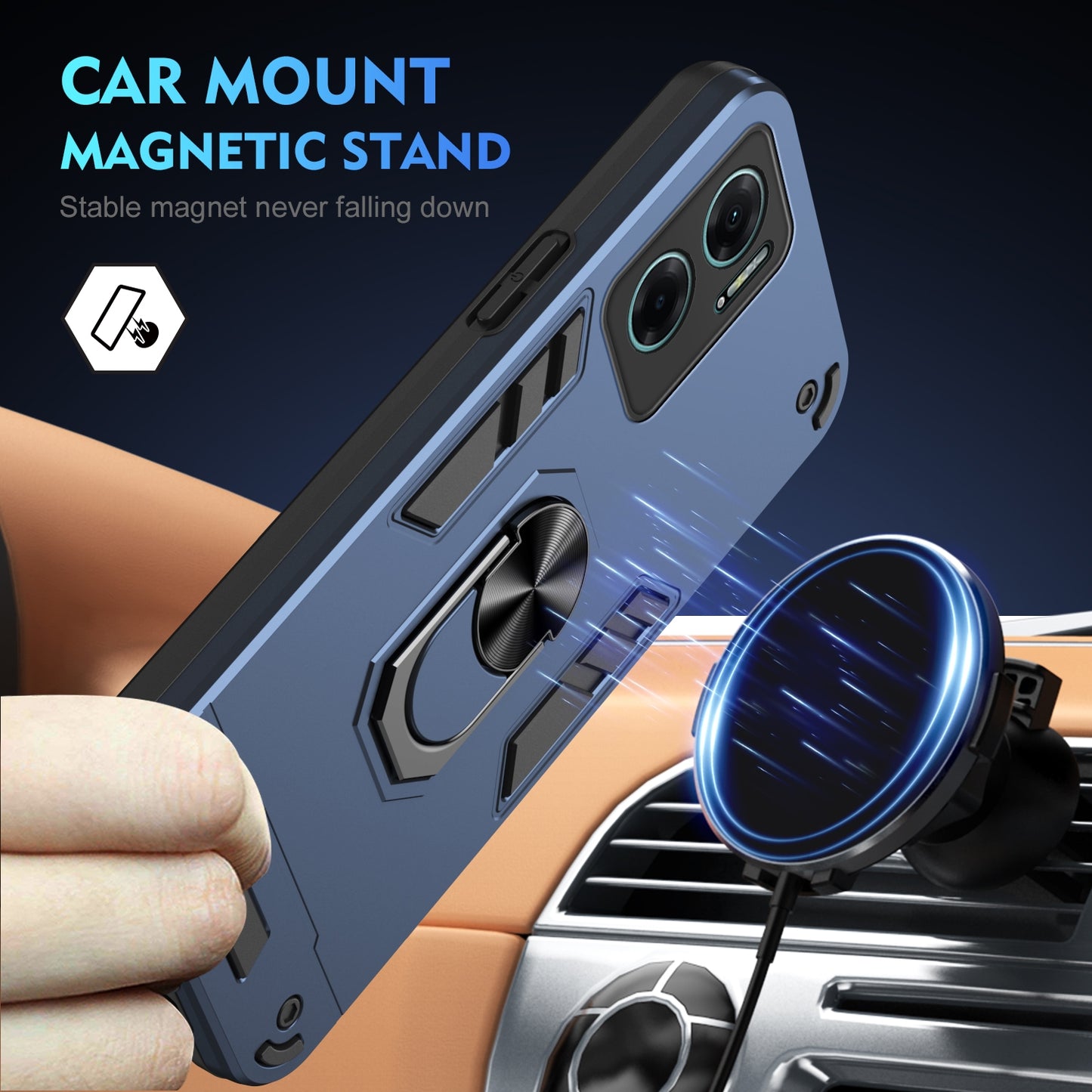 Shockproof Xiaomi Redmi Note 11E Phone Case with 360° Rotatable Metal Ring Holder, Magnetic Car Mount Stand, Ultra-Thin PC & Silicone Protection Cover