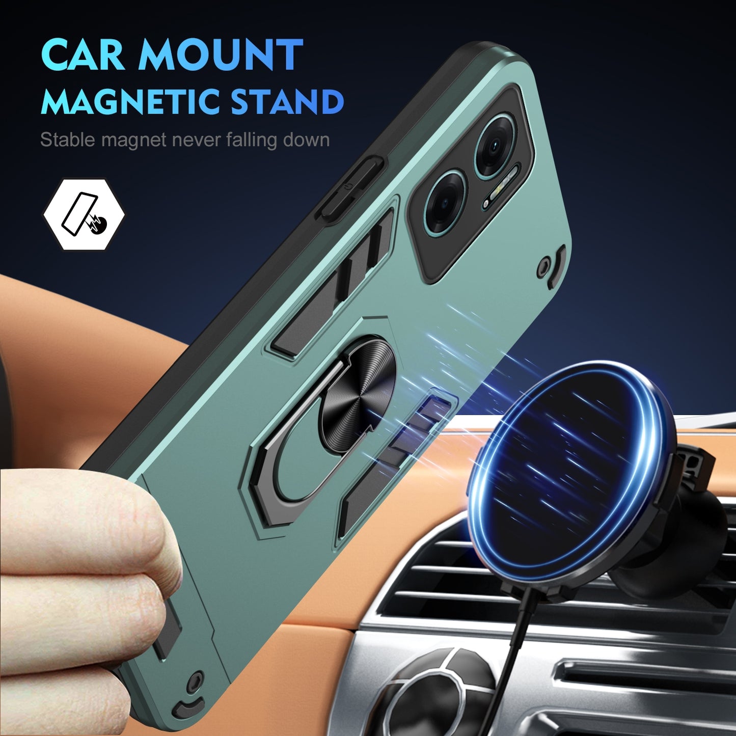 Shockproof Xiaomi Redmi Note 11E Phone Case with 360° Rotatable Metal Ring Holder, Magnetic Car Mount Stand, Ultra-Thin PC & Silicone Protection Cover