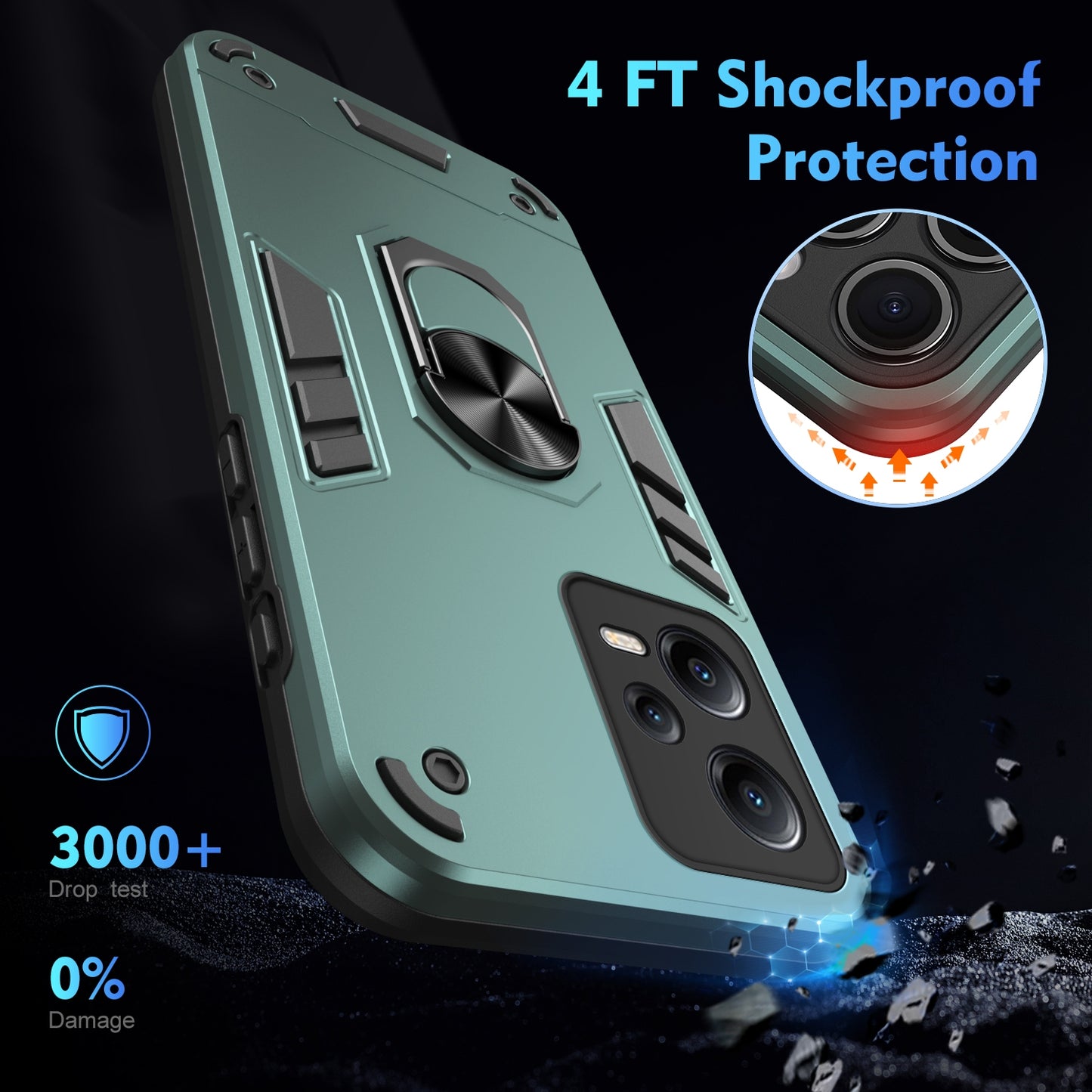 Shockproof Xiaomi Redmi Note 12 5G Phone Case with 360° Rotatable Metal Ring Holder, Magnetic Car Mount Stand, Ultra-Thin PC & Silicone Protection Cover