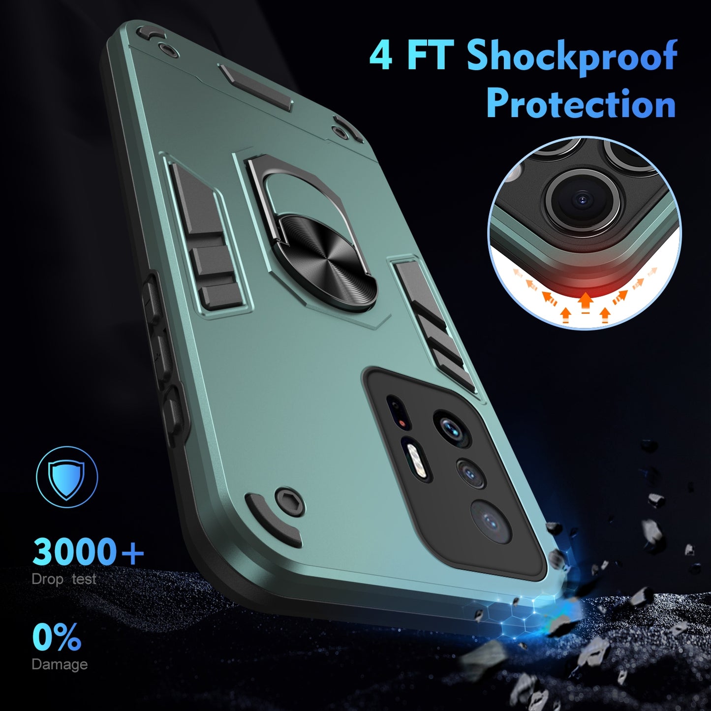 Shockproof Xiaomi 11T Phone Case with 360° Rotatable Metal Ring Holder, Magnetic Car Mount Stand, Ultra-Thin PC & Silicone Protection Cover