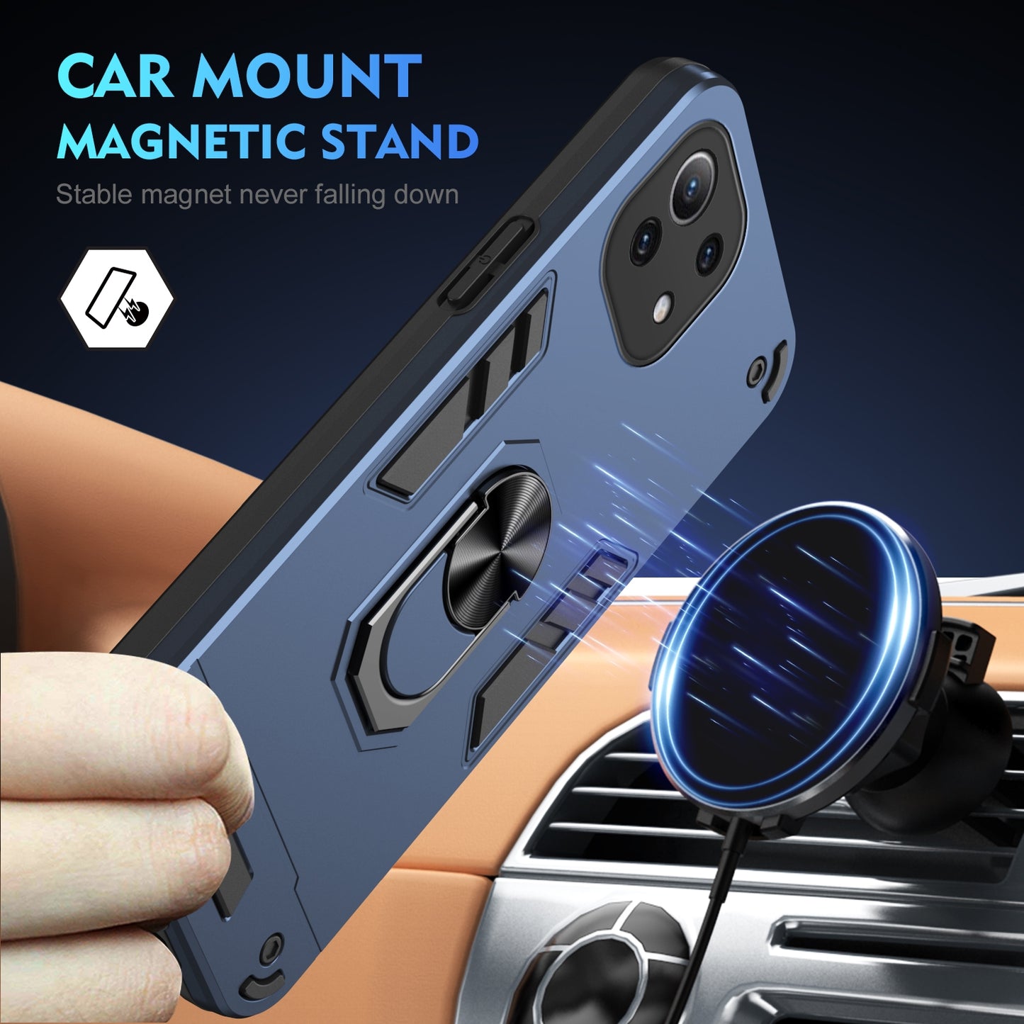 Shockproof Xiaomi Mi 11 Lite Phone Case with 360° Rotatable Metal Ring Holder, Magnetic Car Mount Stand, Ultra-Thin PC & Silicone Protection Cover