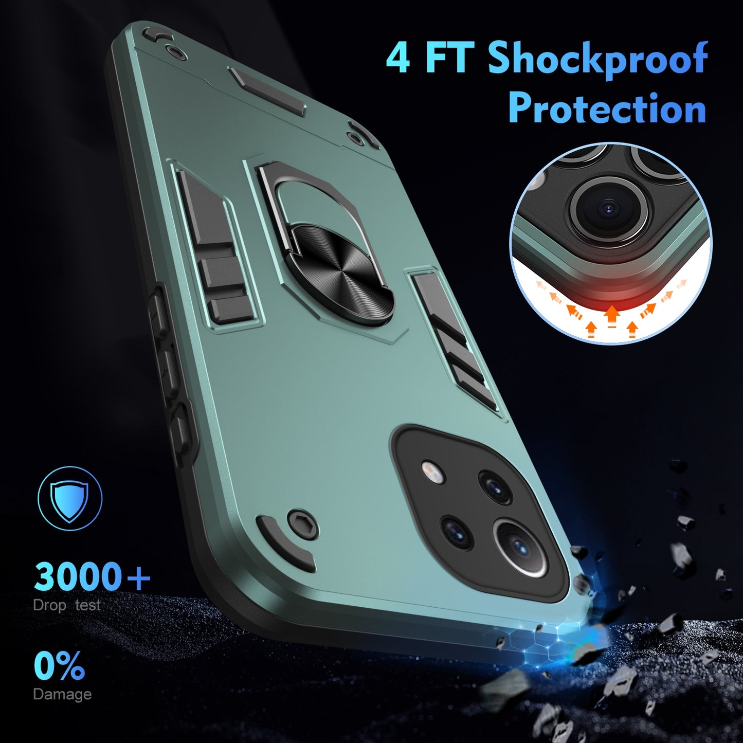 Shockproof Xiaomi Mi 11 Lite Phone Case with 360° Rotatable Metal Ring Holder, Magnetic Car Mount Stand, Ultra-Thin PC & Silicone Protection Cover