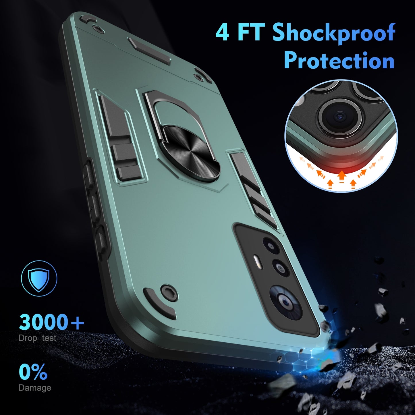 Shockproof Xiaomi 12T Phone Case with 360° Rotatable Metal Ring Holder, Magnetic Car Mount Stand, Ultra-Thin PC & Silicone Protection Cover