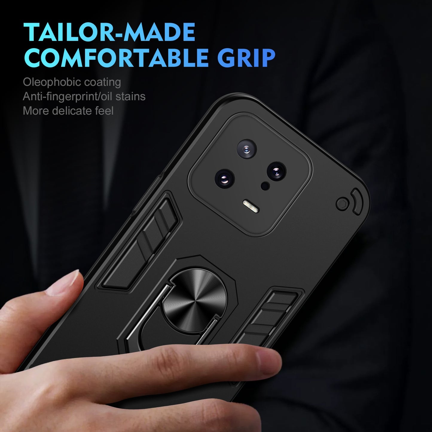 Shockproof Xiaomi 13 Phone Case with 360° Rotatable Metal Ring Holder, Magnetic Car Mount Stand, Ultra-Thin PC & Silicone Protection Cover