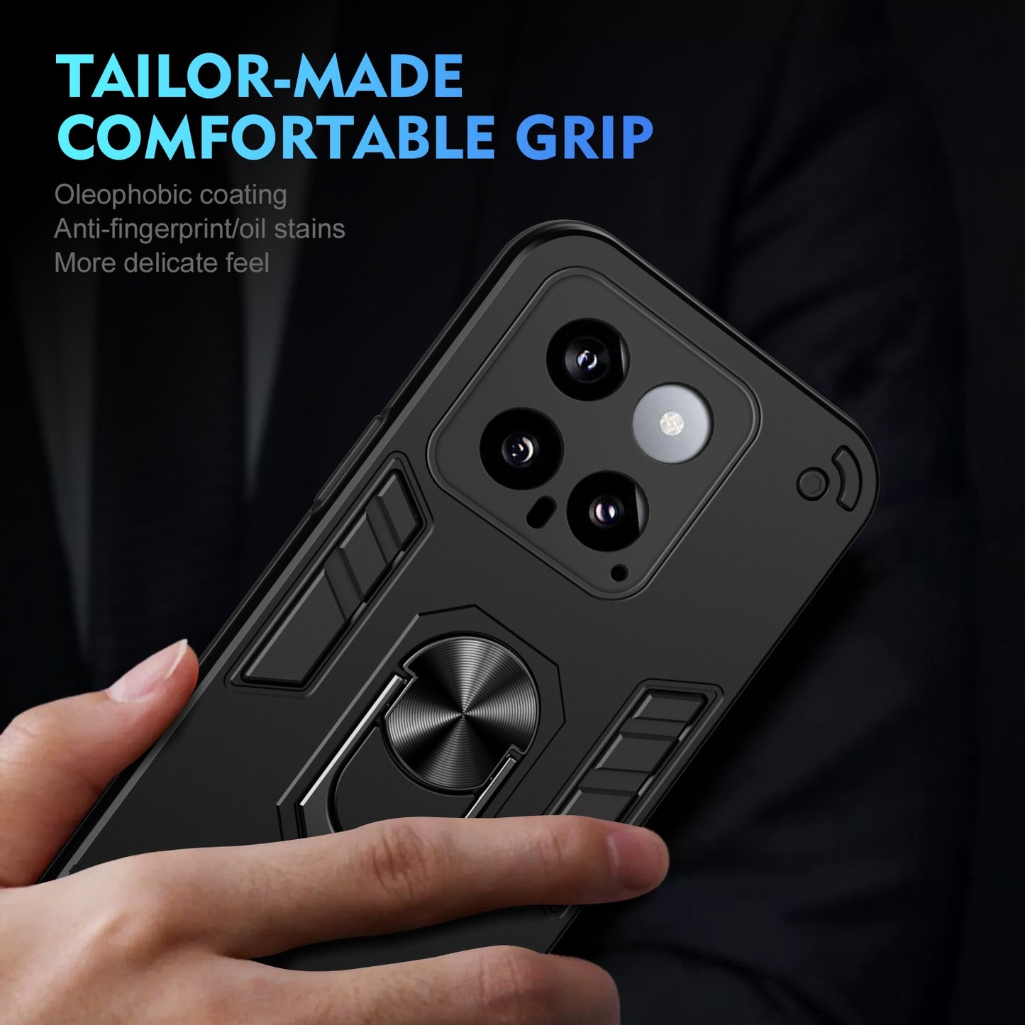 Shockproof Xiaomi 14 Phone Case with 360° Rotatable Metal Ring Holder, Magnetic Car Mount Stand, Ultra-Thin PC & Silicone Protection Cover