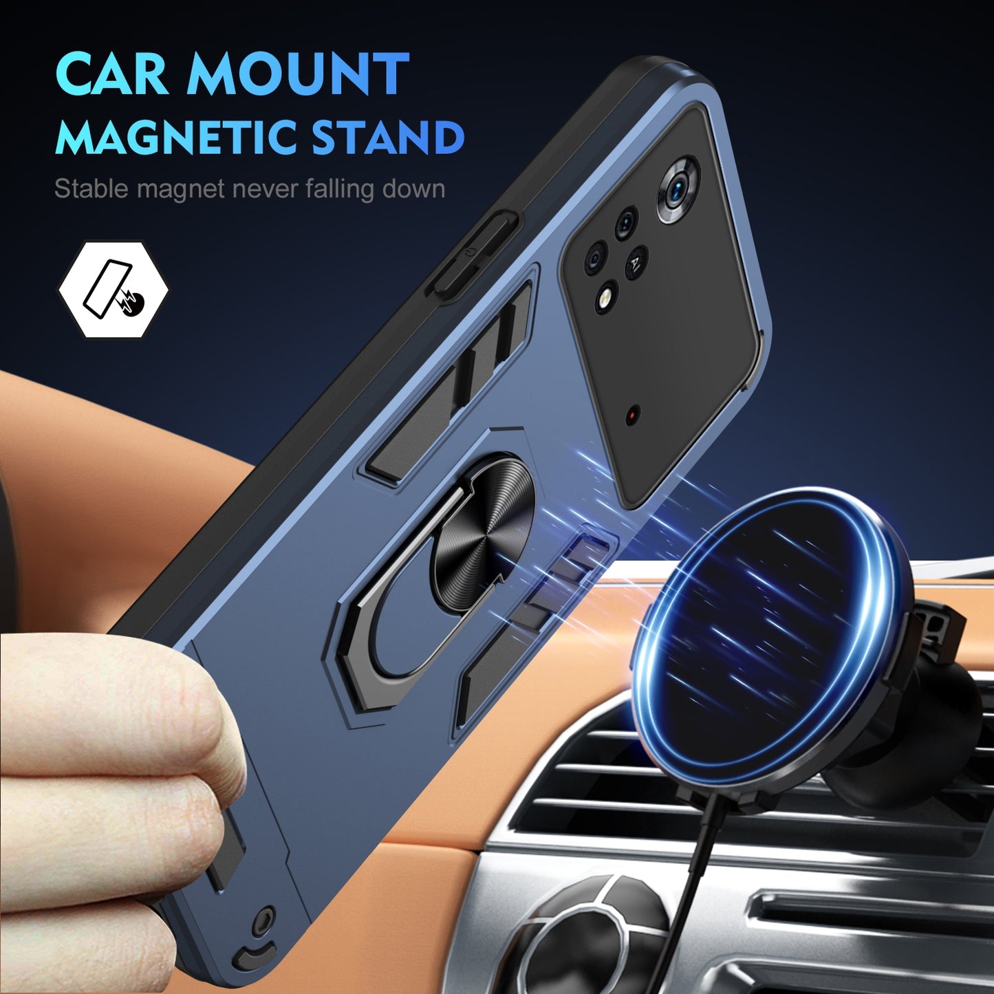 Shockproof Xiaomi Poco X4 Pro 5G Phone Case with 360° Rotatable Metal Ring Holder, Magnetic Car Mount Stand, Ultra-Thin PC & Silicone Protection Cover