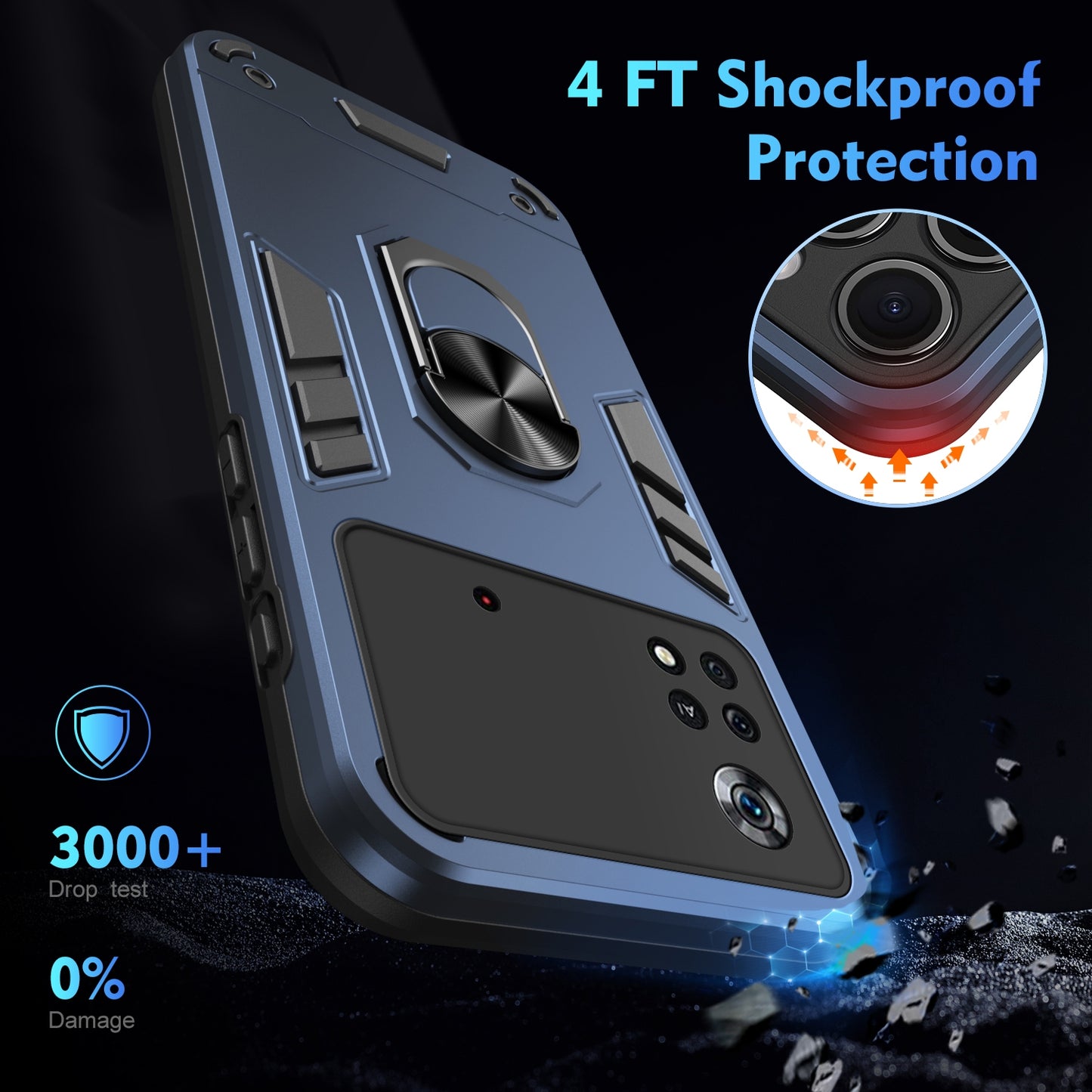 Shockproof Xiaomi Poco X4 Pro 5G Phone Case with 360° Rotatable Metal Ring Holder, Magnetic Car Mount Stand, Ultra-Thin PC & Silicone Protection Cover