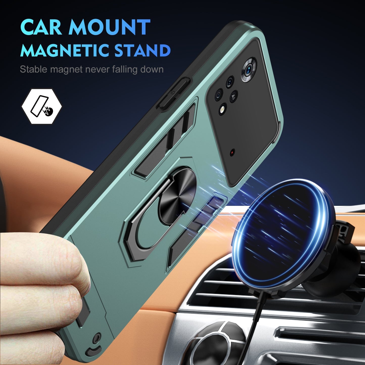 Shockproof Xiaomi Poco X4 Pro 5G Phone Case with 360° Rotatable Metal Ring Holder, Magnetic Car Mount Stand, Ultra-Thin PC & Silicone Protection Cover