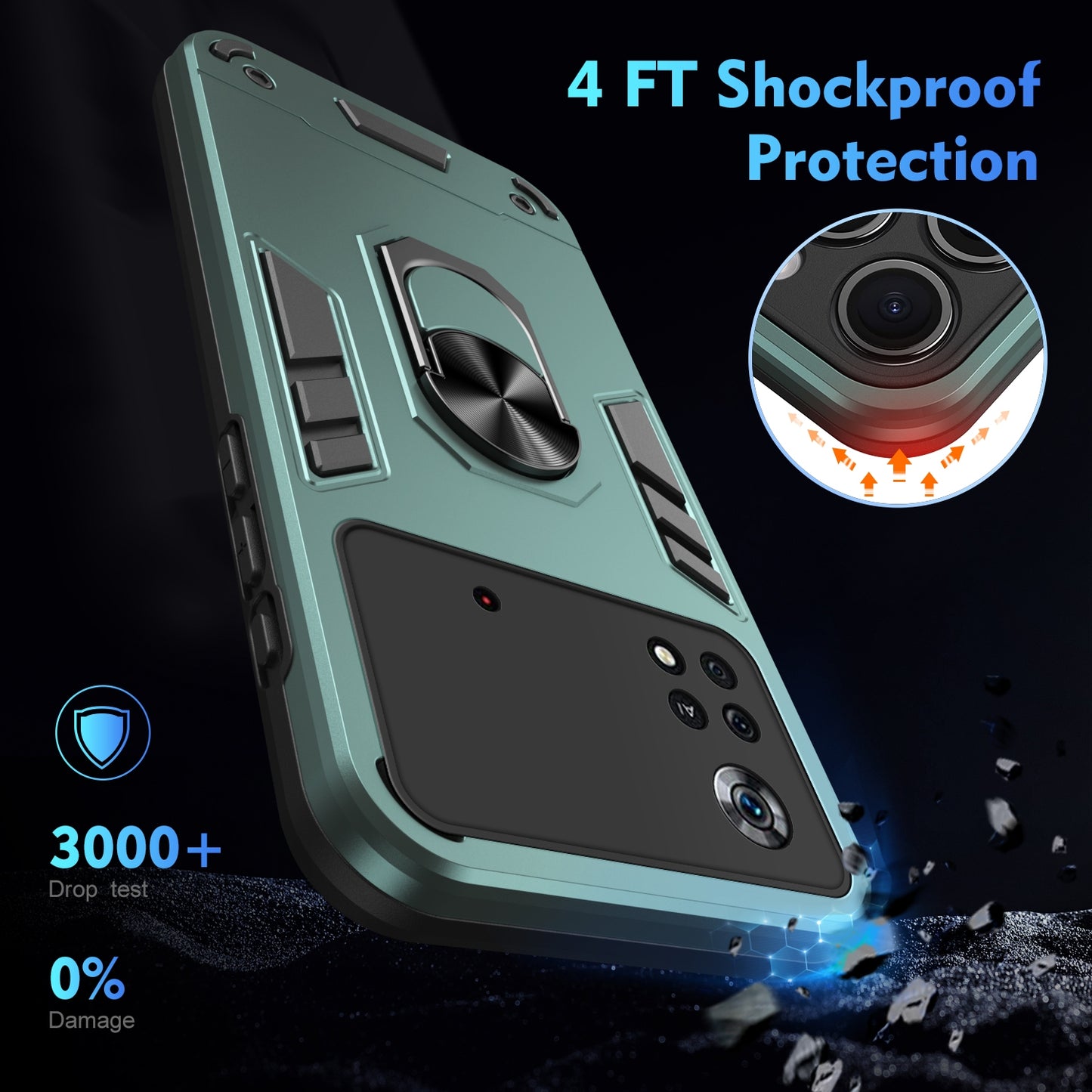 Shockproof Xiaomi Poco X4 Pro 5G Phone Case with 360° Rotatable Metal Ring Holder, Magnetic Car Mount Stand, Ultra-Thin PC & Silicone Protection Cover