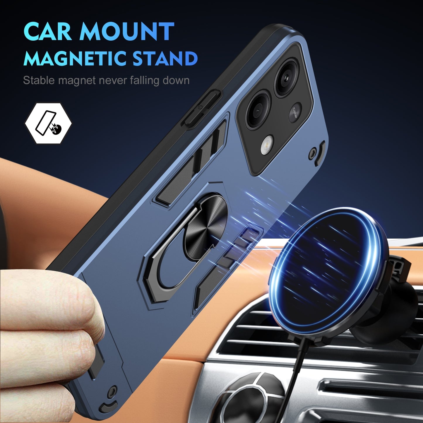 Shockproof Xiaomi Redmi Note 13 Phone Case with 360° Rotatable Metal Ring Holder, Magnetic Car Mount Stand, Ultra-Thin PC & Silicone Protection Cover