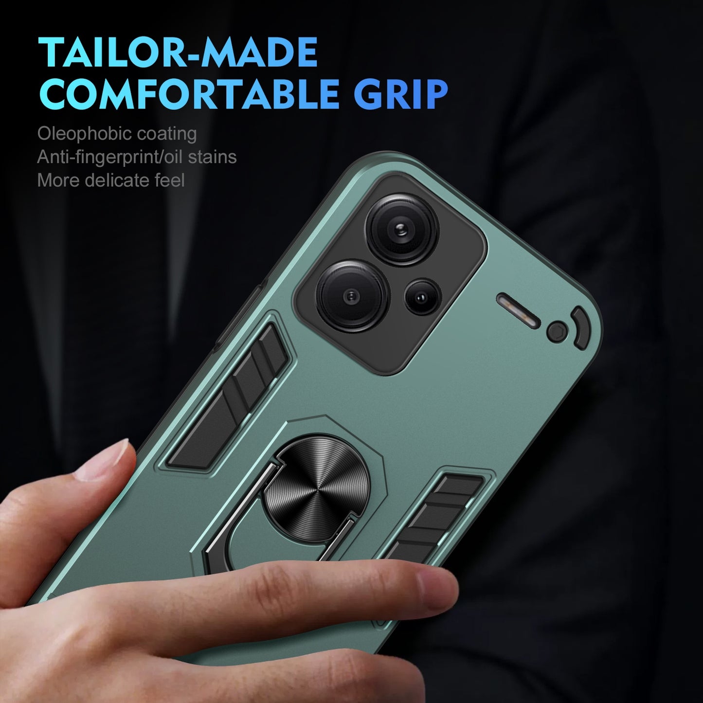 Shockproof Xiaomi Redmi Note 13 Pro+ Phone Case with 360° Rotatable Metal Ring Holder, Magnetic Car Mount Stand, Ultra-Thin PC & Silicone Protection Cover