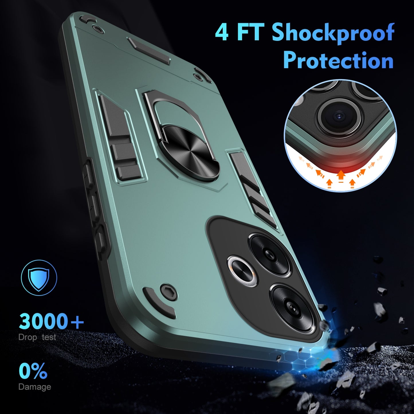 Shockproof Xiaomi Redmi Turbo 3 Phone Case with 360° Rotatable Metal Ring Holder, Magnetic Car Mount Stand, Ultra-Thin PC & Silicone Protection Cover