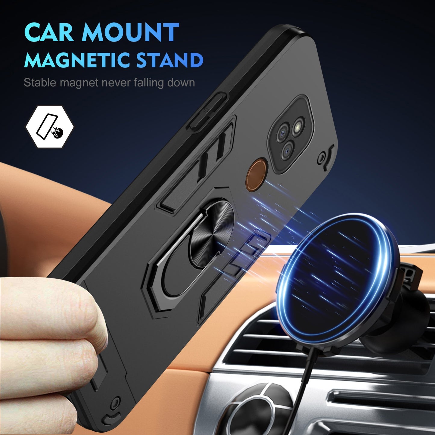 Shockproof Motorola Moto E7 Plus Phone Case with 360° Rotatable Metal Ring Holder, Magnetic Car Mount Stand, Ultra-Thin PC & Silicone Protection Cover
