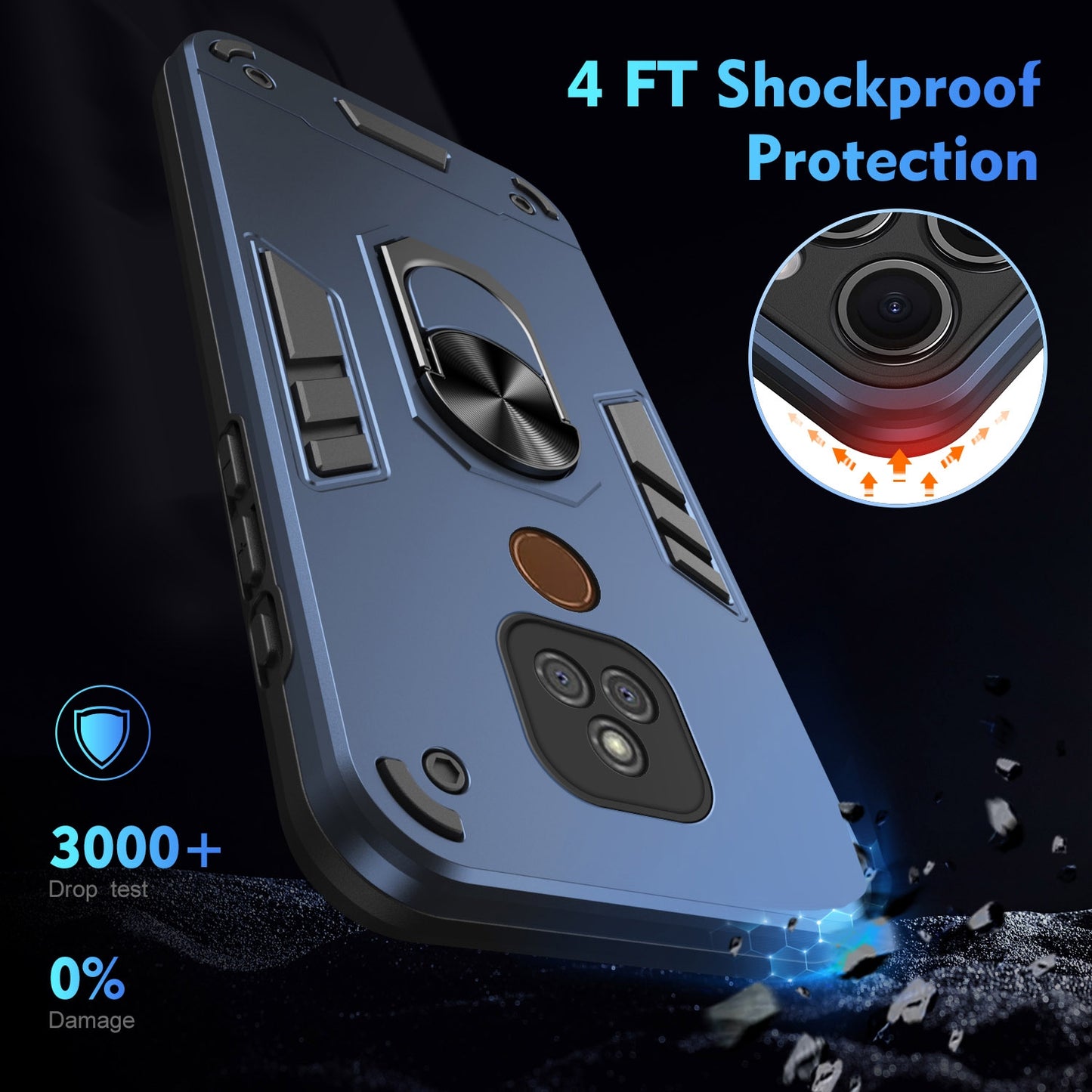 Shockproof Motorola Moto E7 Plus Phone Case with 360° Rotatable Metal Ring Holder, Magnetic Car Mount Stand, Ultra-Thin PC & Silicone Protection Cover