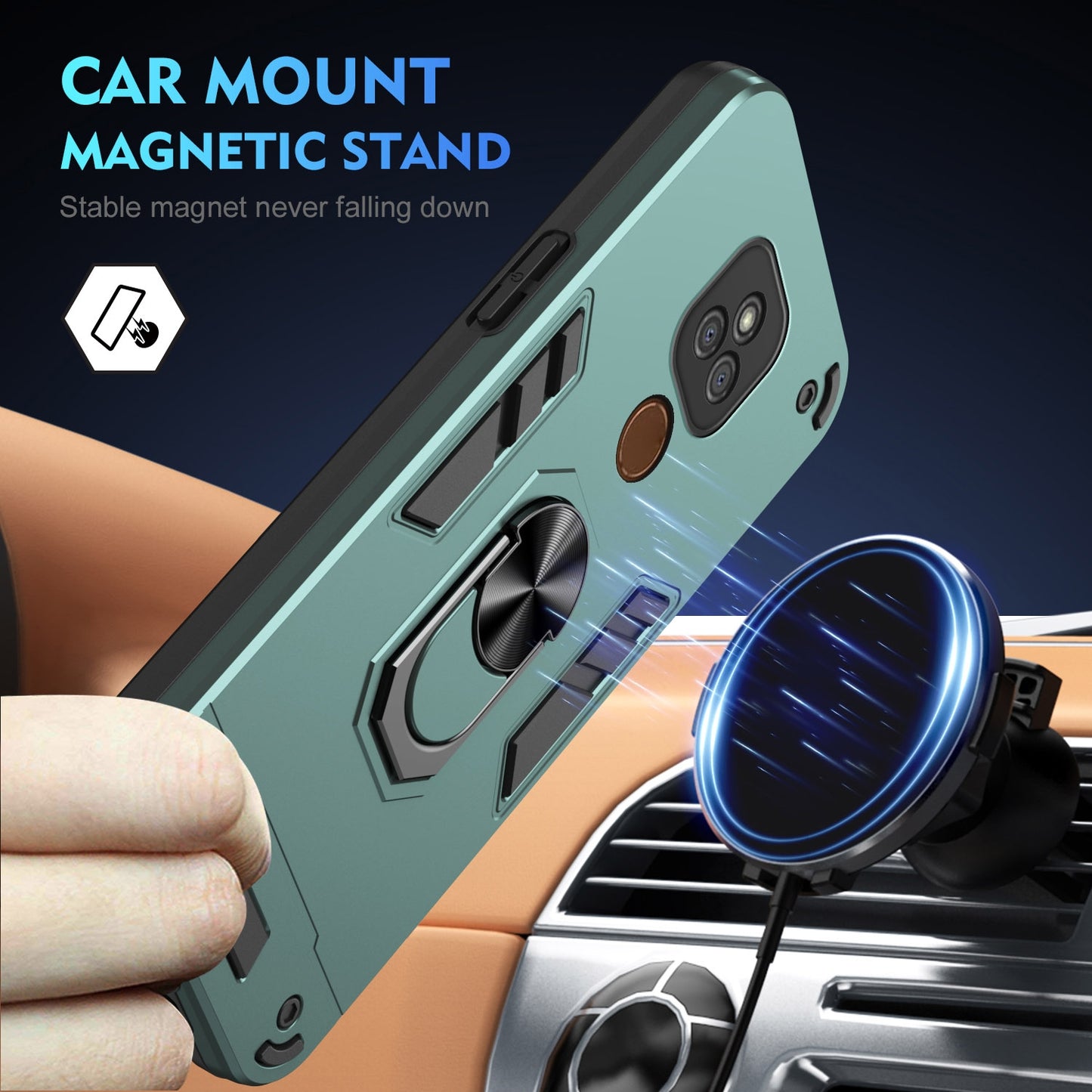 Shockproof Motorola Moto E7 Plus Phone Case with 360° Rotatable Metal Ring Holder, Magnetic Car Mount Stand, Ultra-Thin PC & Silicone Protection Cover