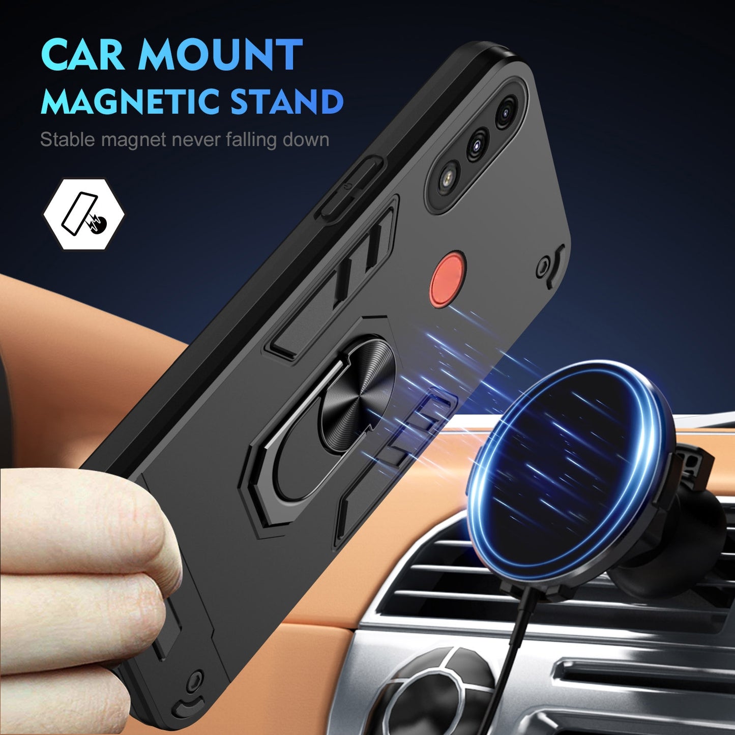 Shockproof Motorola Moto E7 Power Phone Case with 360° Rotatable Metal Ring Holder, Magnetic Car Mount Stand, Ultra-Thin PC & Silicone Protection Cover