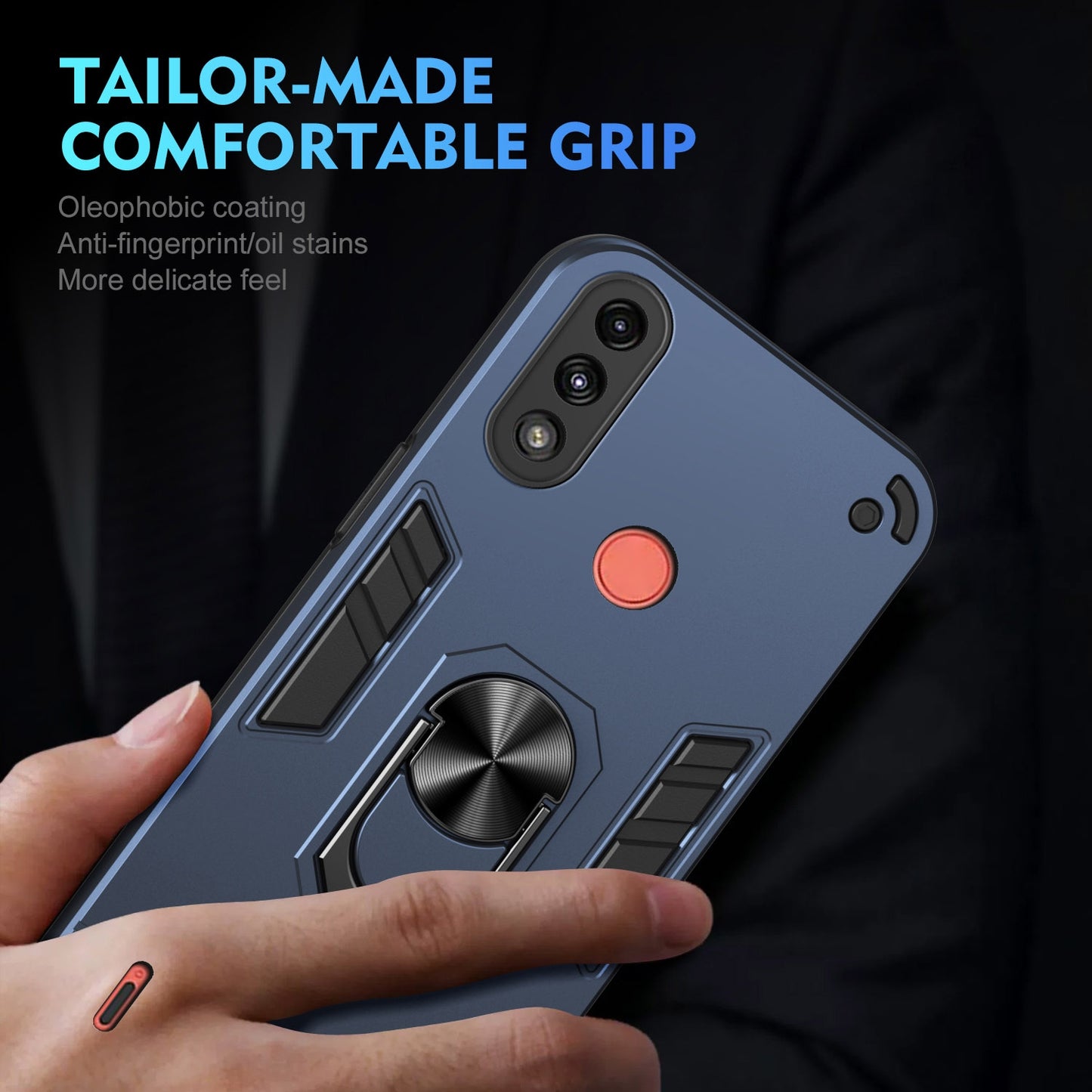 Shockproof Motorola Moto E7 Power Phone Case with 360° Rotatable Metal Ring Holder, Magnetic Car Mount Stand, Ultra-Thin PC & Silicone Protection Cover