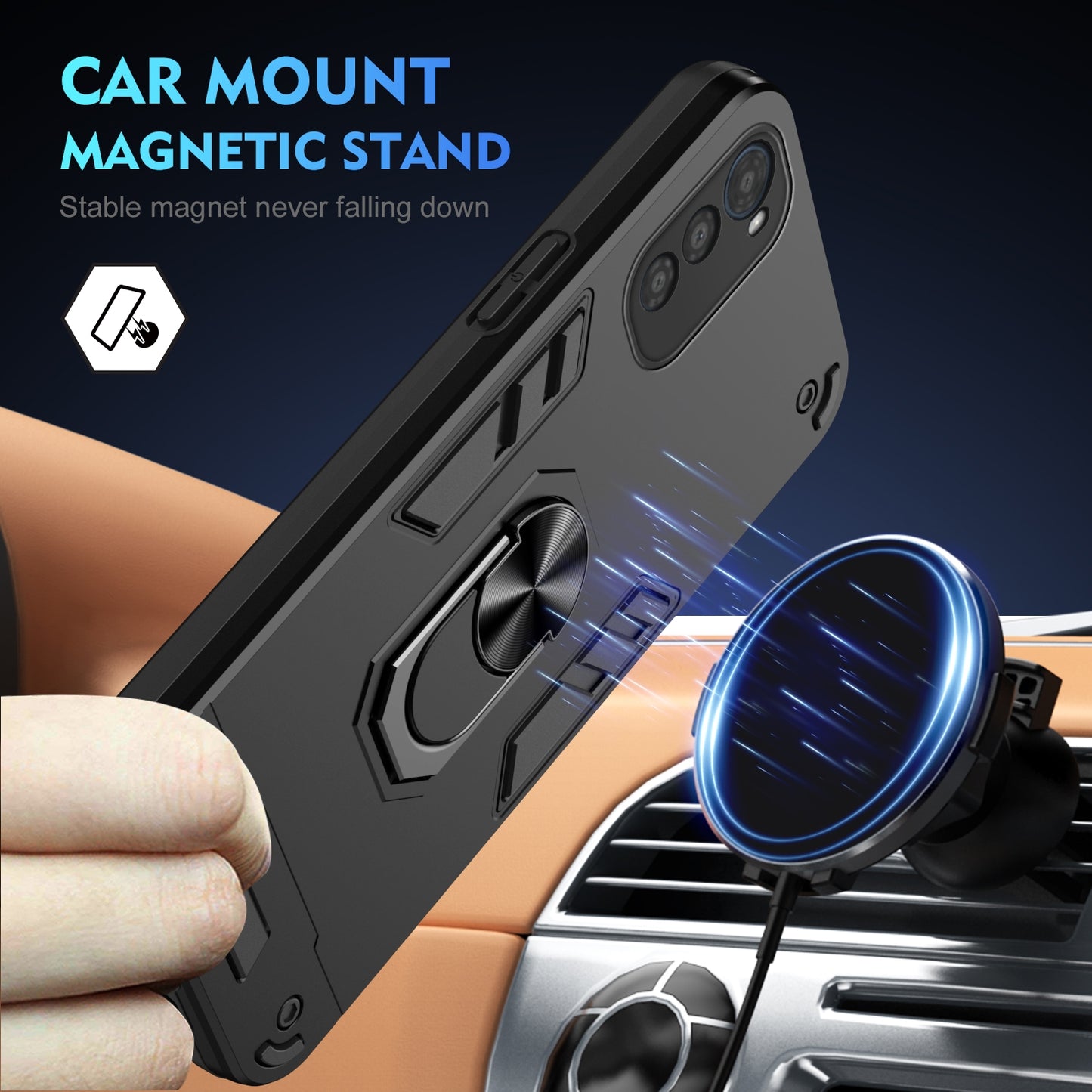 Shockproof Motorola Moto E32 Phone Case with 360° Rotatable Metal Ring Holder, Magnetic Car Mount Stand, Ultra-Thin PC & Silicone Protection Cover